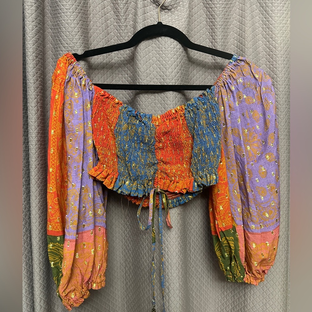 Farm Rio - NWT blouse with puffy sleeves, jingle front tie strings and sparkles